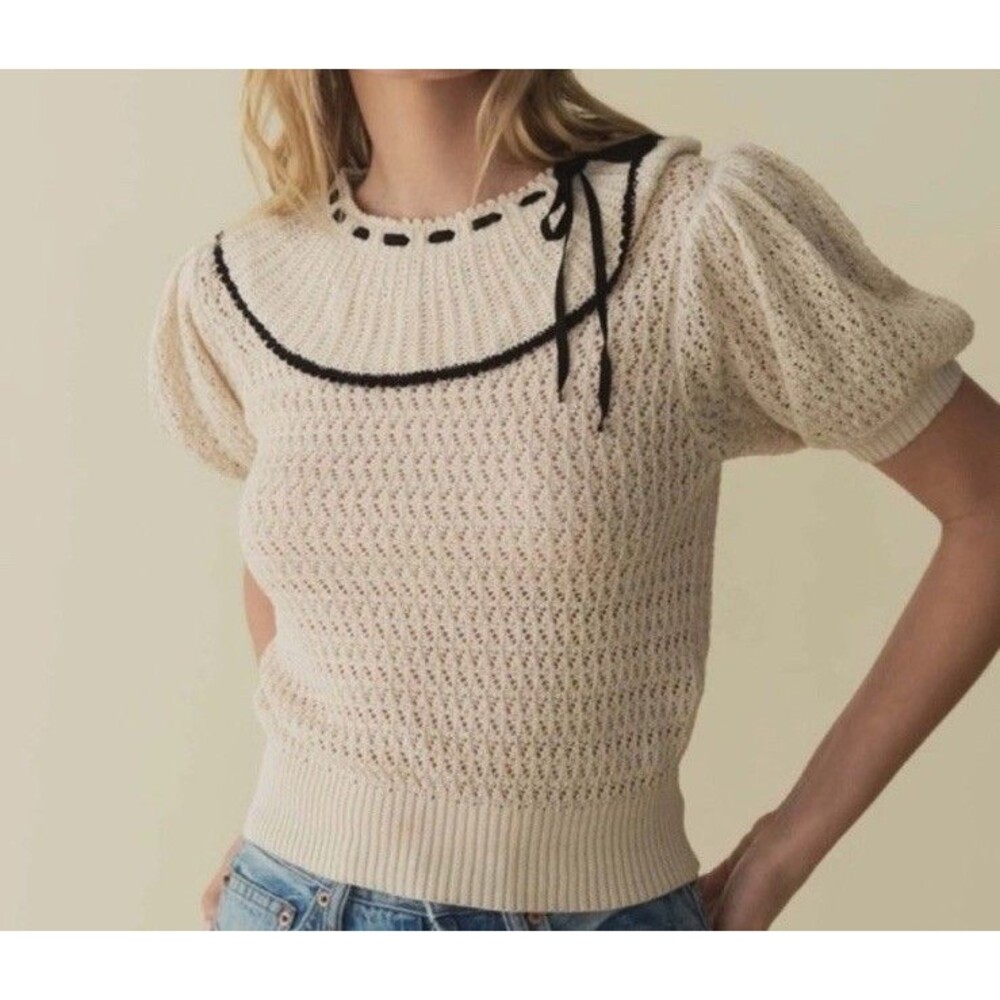 Doen Glenda Pima Cotton Ribbon Bow Short Sleeve Knit Sweater Top Cream Black S